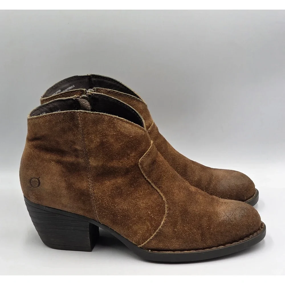 Born Womens 9.5M Ankle Boots Distressed Cognac Suede Leather Zip Booties